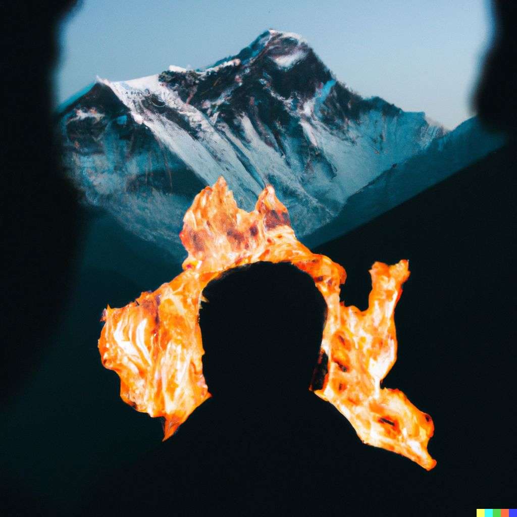 someone gazing at Mount Everest, fire art